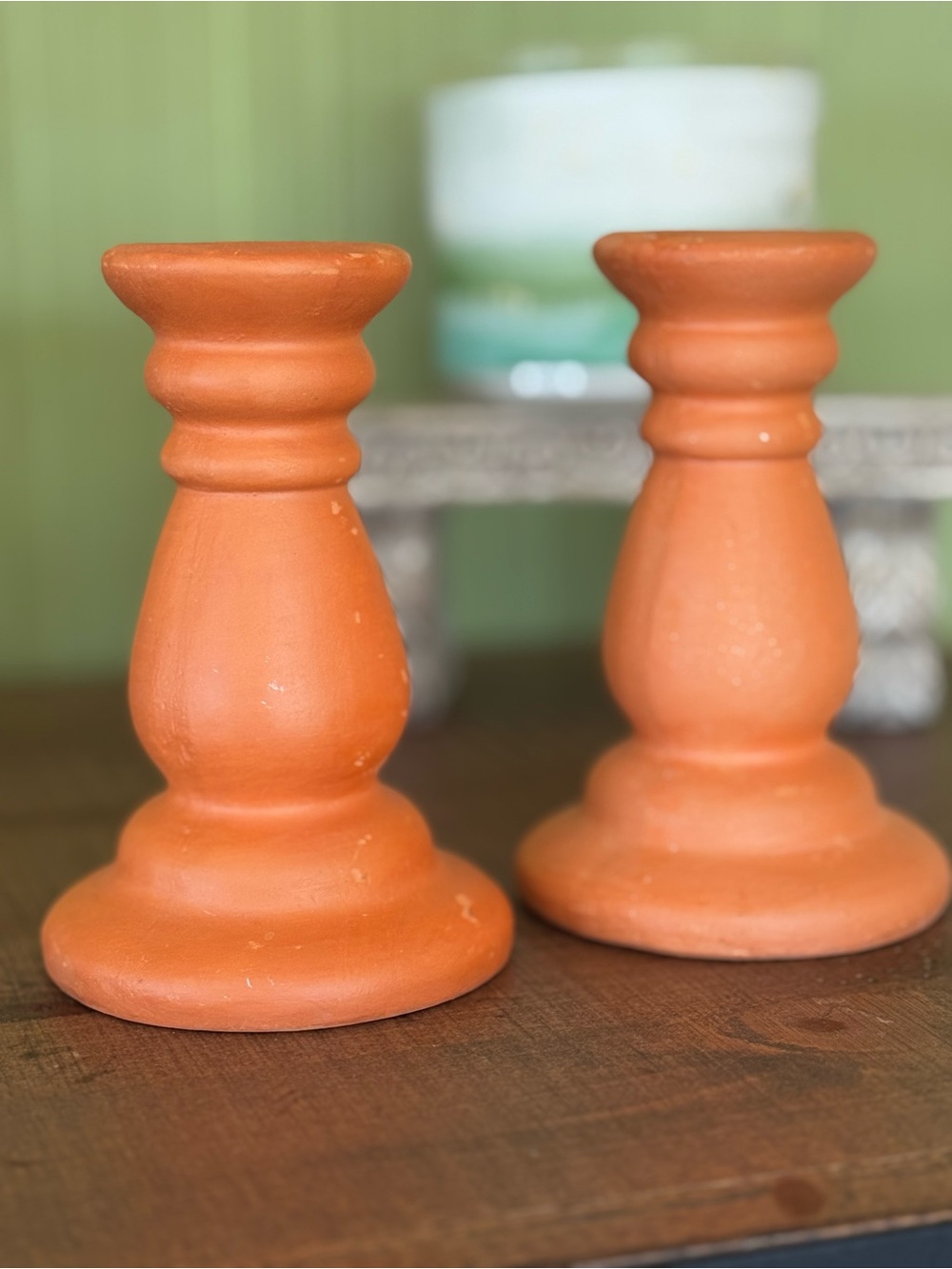 Orange Terra Cotta Candle Stick Holders Pair Portugal Set of 2 Distressed Rustic